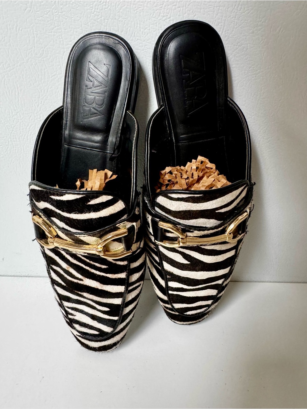 Zara Zebra Print Mule Loafers with Gold Bit - Black & White